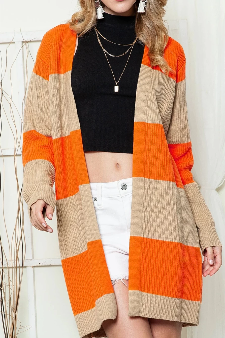 Women's Orange Colorblock Ribbed Knit Open Front Cardigan - Shewin