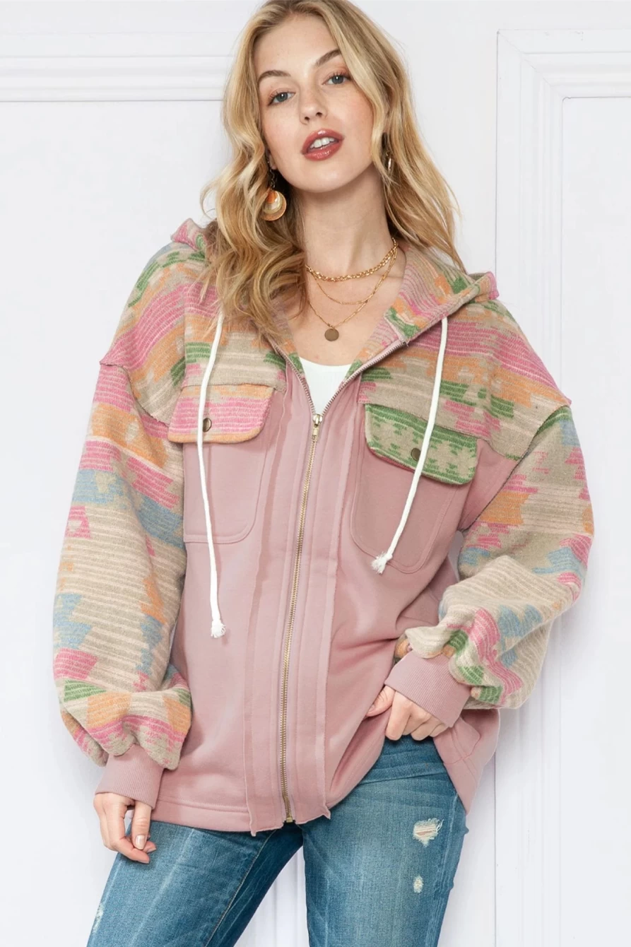 Shewin Women's Light Pink Geometric Patchwork Zip-Up Hooded Jacket