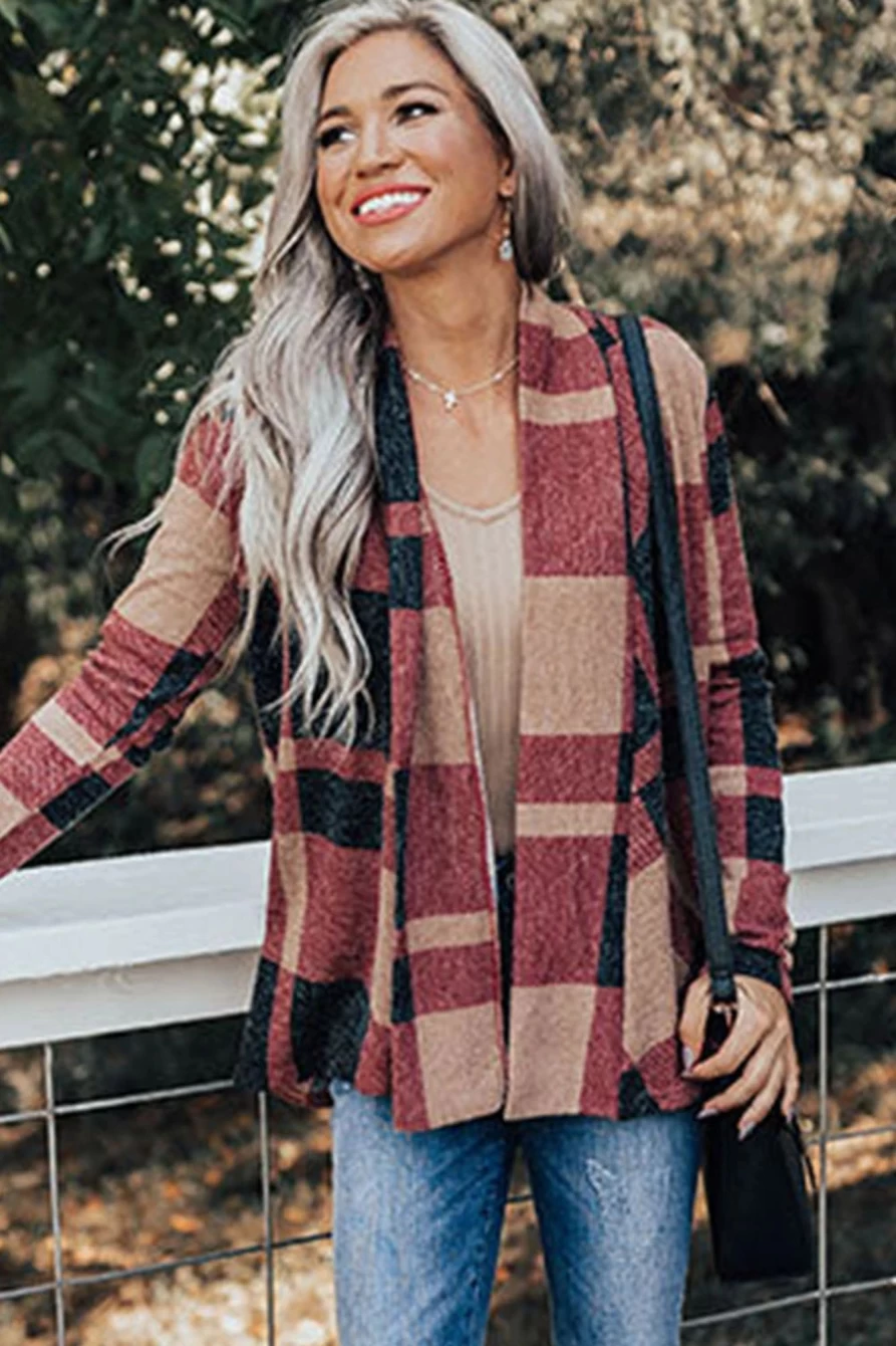 Women's Red Plaid Casual Draped Open Front Cardigan by Shewin