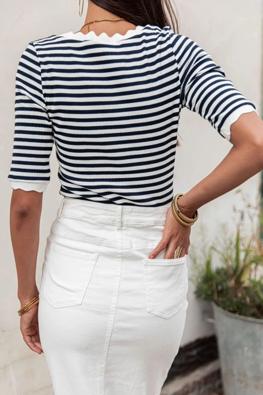 Shewin Women's Black Striped Contrast Scallop Trim Half Sleeve T-Shirt