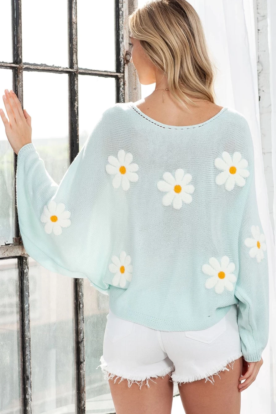 Shewin Women's Green Floral Boho Long Sleeve Pullover Top