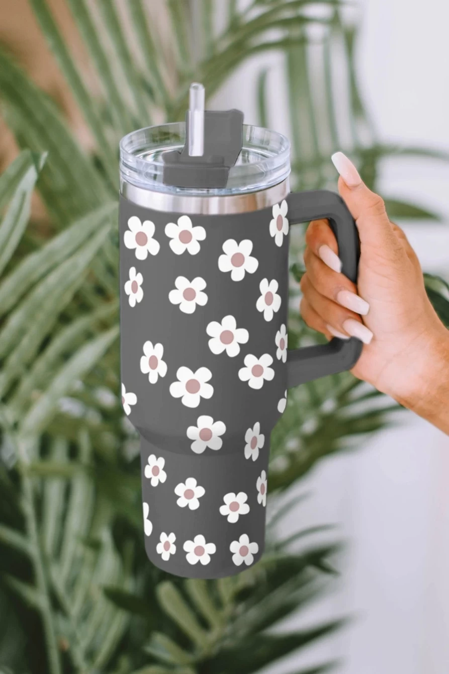 Shewin Women's Dark Grey Floret Print Stainless Steel Tumbler with Lid and Straw