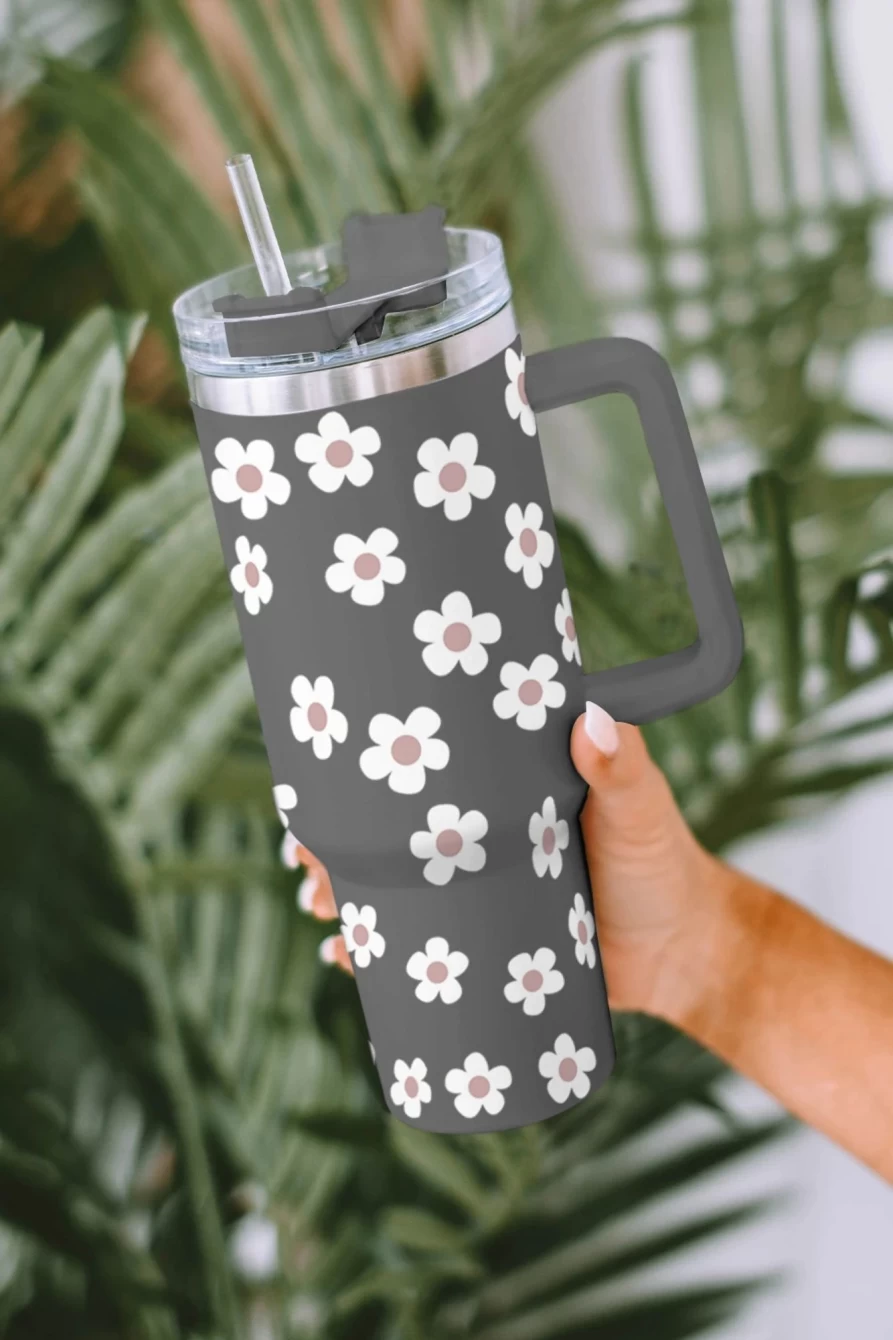 Shewin Women's Dark Grey Floret Print Stainless Steel Tumbler with Lid and Straw