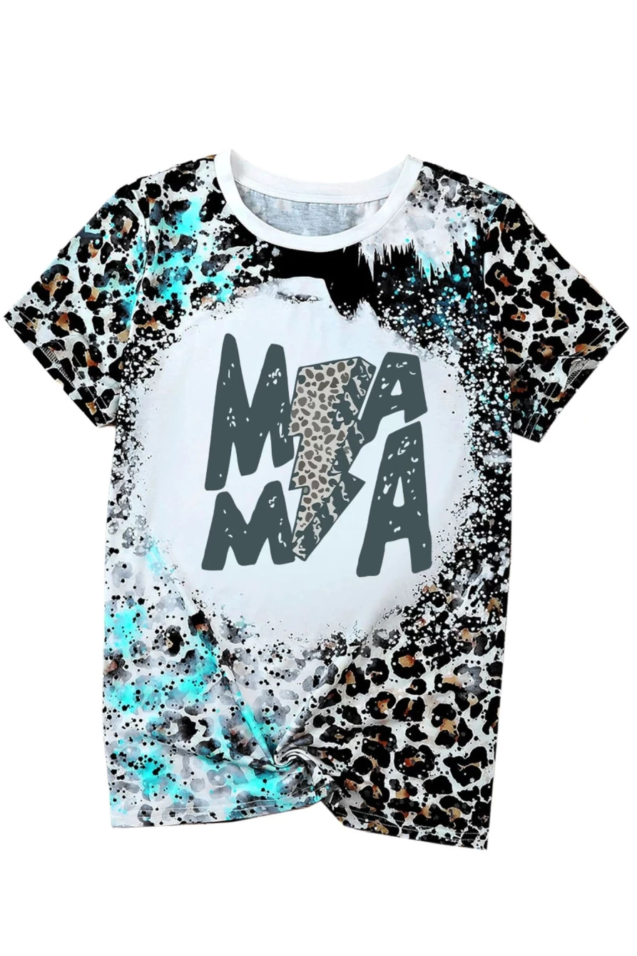 Shewin Women's Leopard Print Lightning Graphic Bleached T-Shirt