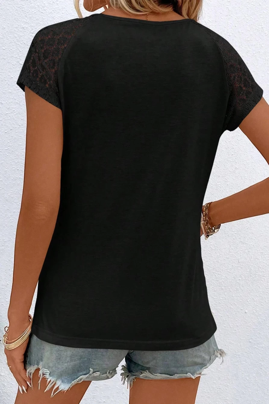 Shewin Women's Black Lace Sleeve Keyhole Smocked Detail Shirt - Elegant Blouse for Women