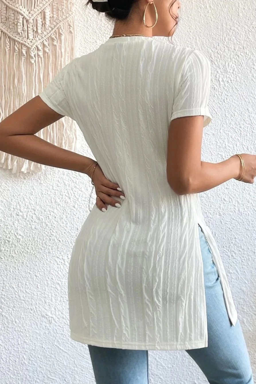 Shewin Women's White Textured Long T-Shirt with Side Split Detail