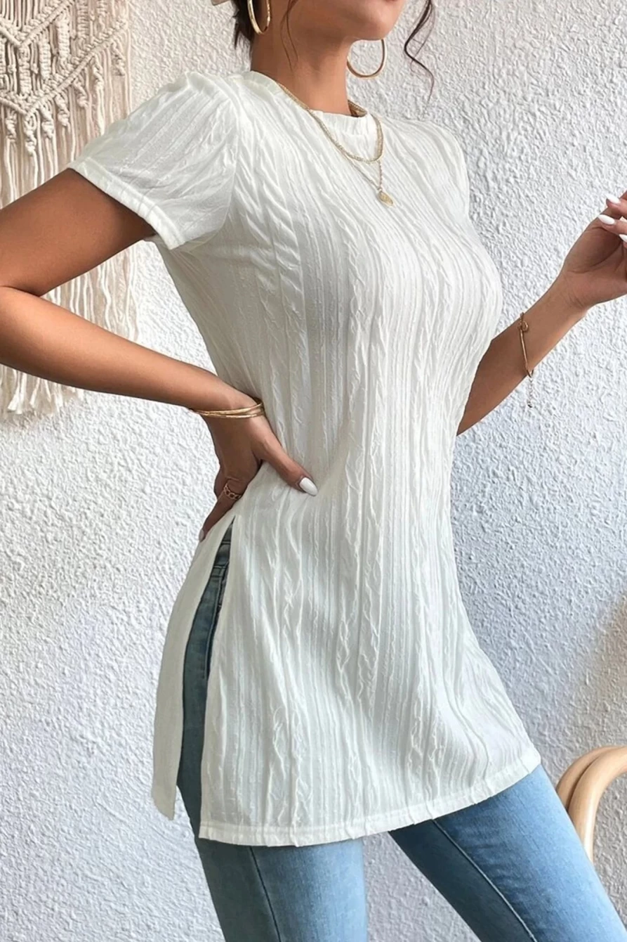 Shewin Women's White Textured Long T-Shirt with Side Split Detail