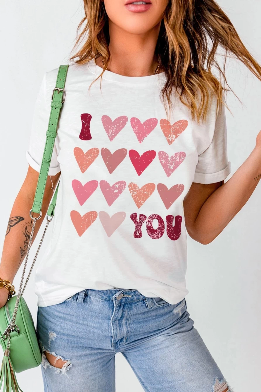 Women's White Heart Graphic Tee - Valentine's Day Love T-Shirt by Shewin