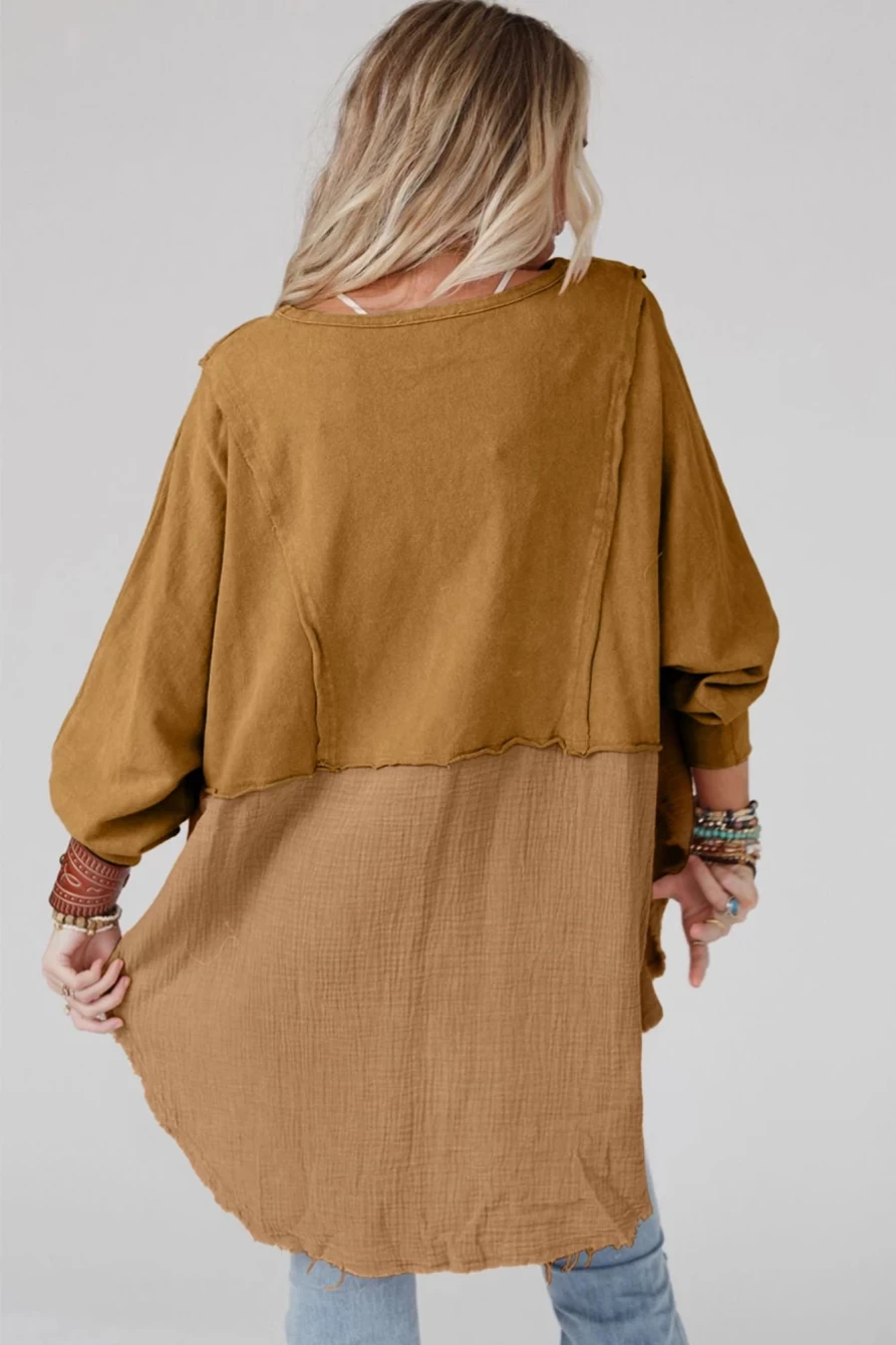 Shewin Women's Camel Glitter Nutcracker Graphic Top with Raw Hem & Patchwork Detail