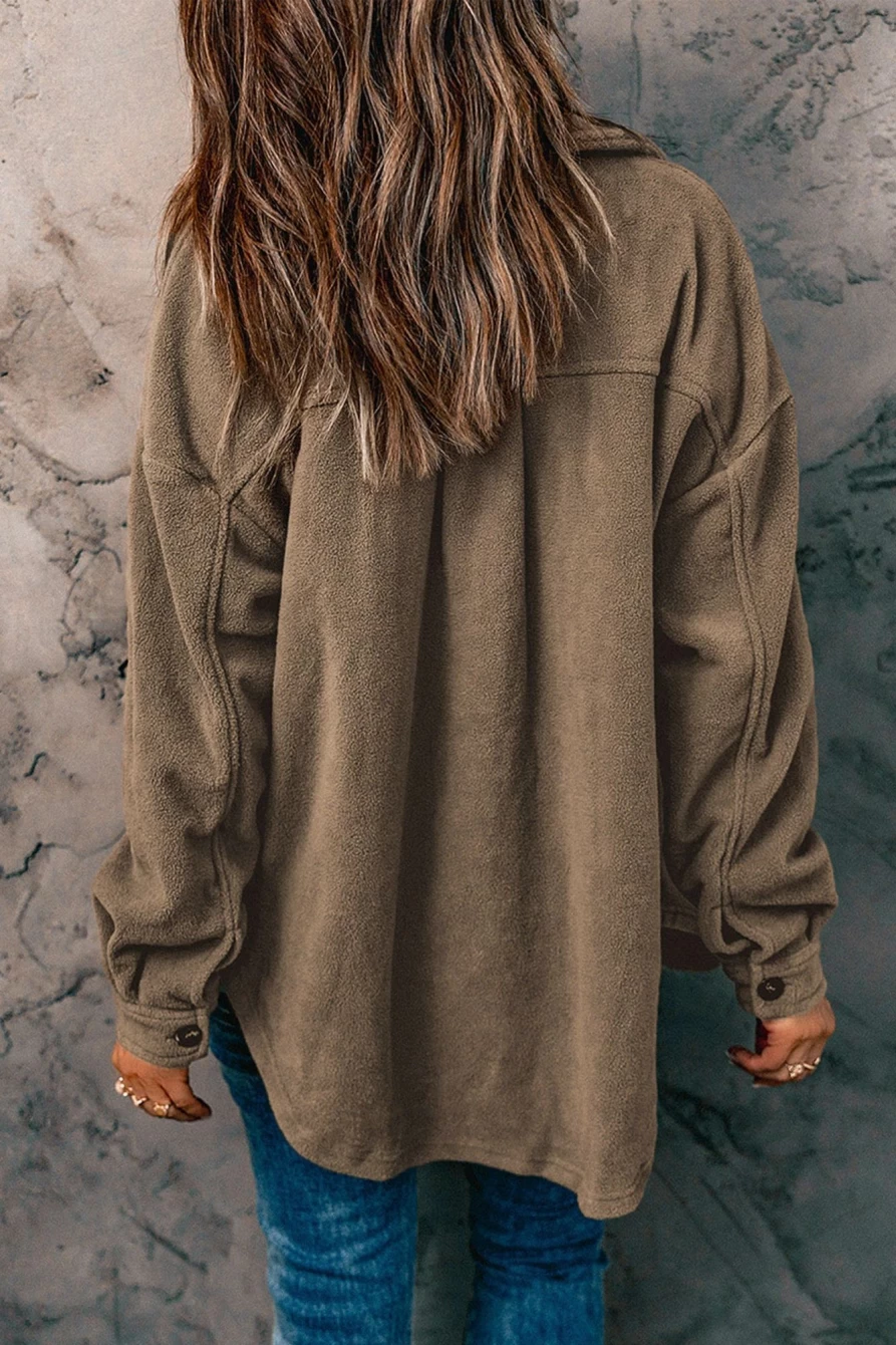 Shewin Women's Green-2 Plush Turn-Down Collar Buttoned Shirt Shacket - Cozy & Stylish Outerwear