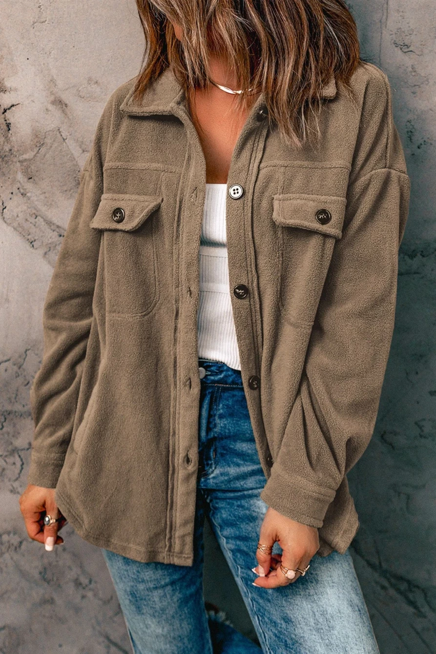 Shewin Women's Green-2 Plush Turn-Down Collar Buttoned Shirt Shacket - Cozy & Stylish Outerwear