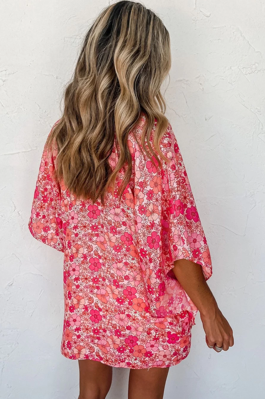 Shewin Women's Boho Floral Print Pink Oversized V-Neck Blouse