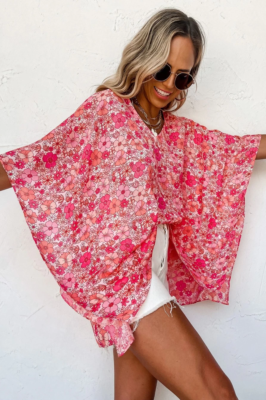 Shewin Women's Boho Floral Print Pink Oversized V-Neck Blouse