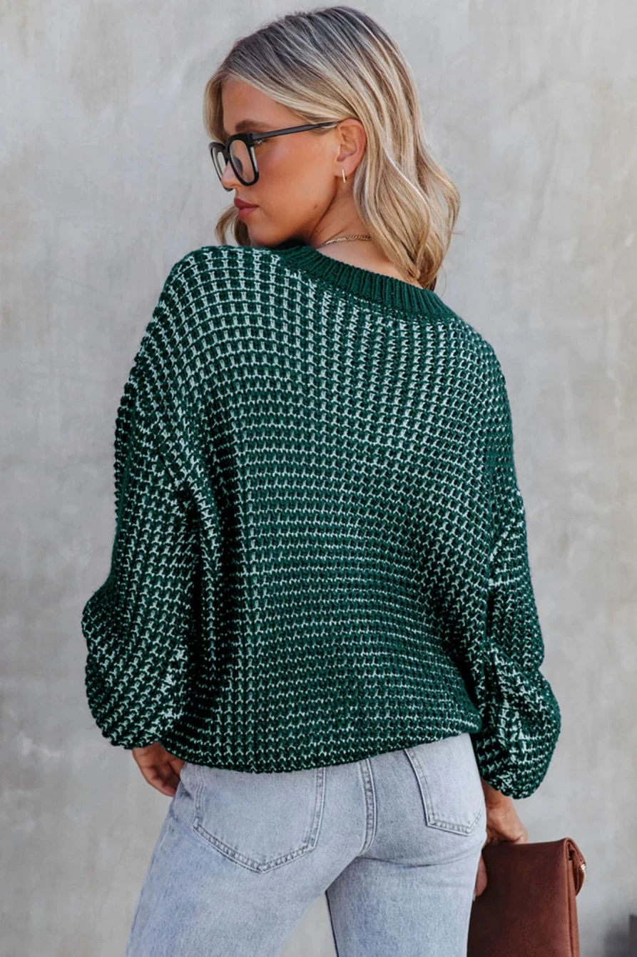 Shewin Women's Green Heathered Knit Drop Shoulder Lantern Sleeve Sweater