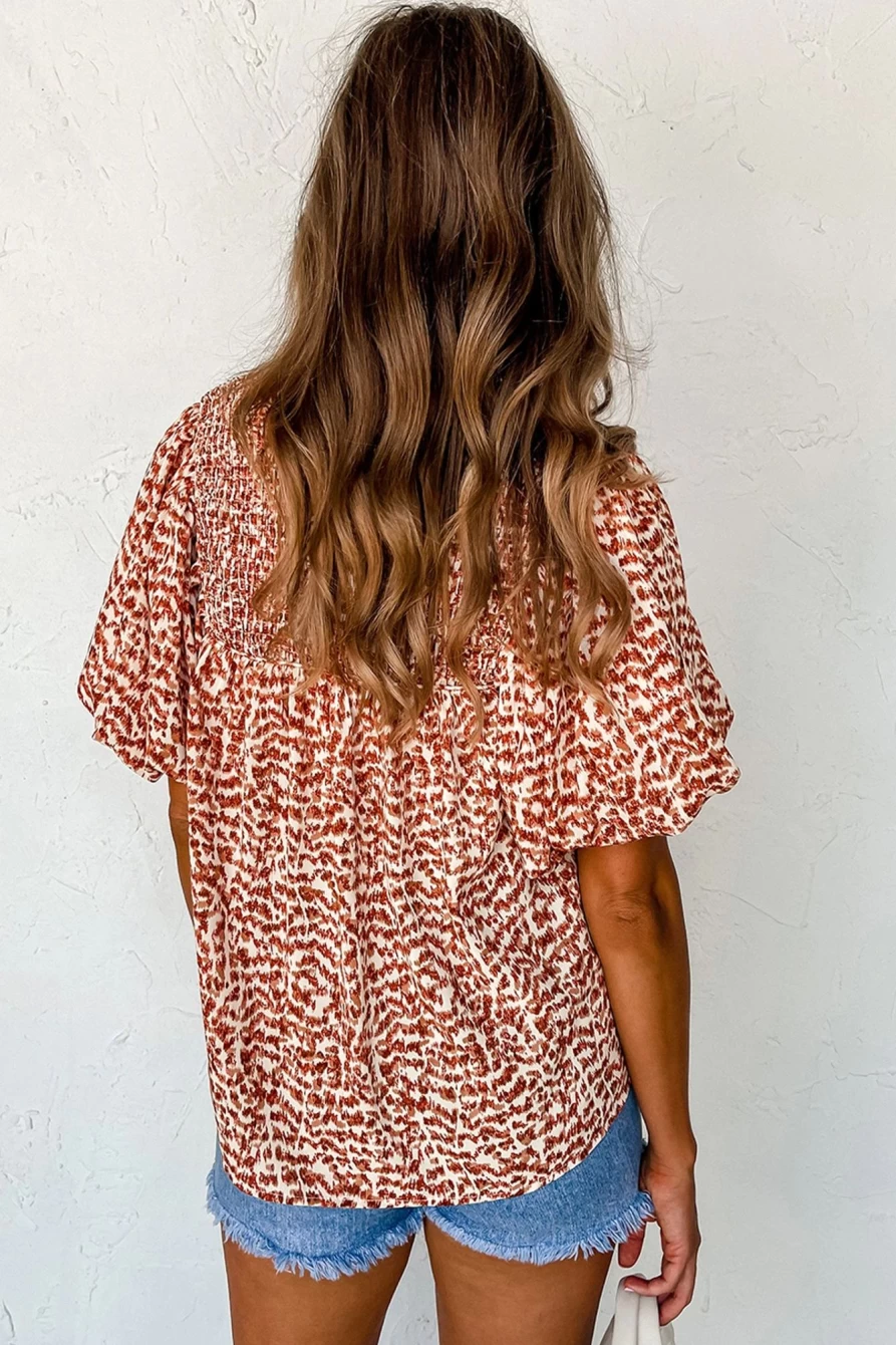 Shewin Women's Brown Leopard Print Blouse with Smocked Neck & Puff Sleeves