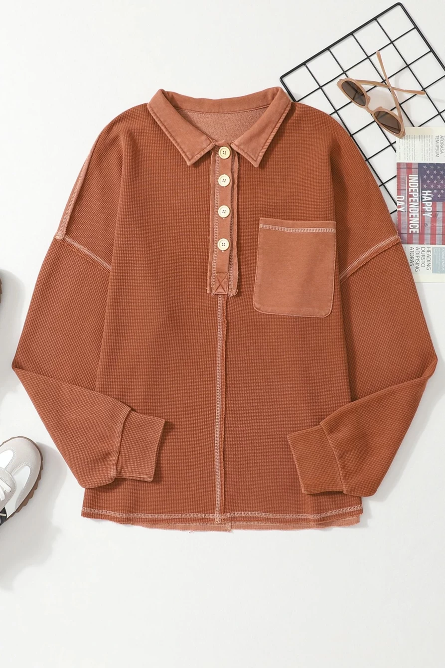 Shewin Women's Chestnut Washed Henley Sweatshirt with Waffle Texture & Exposed Seam Details