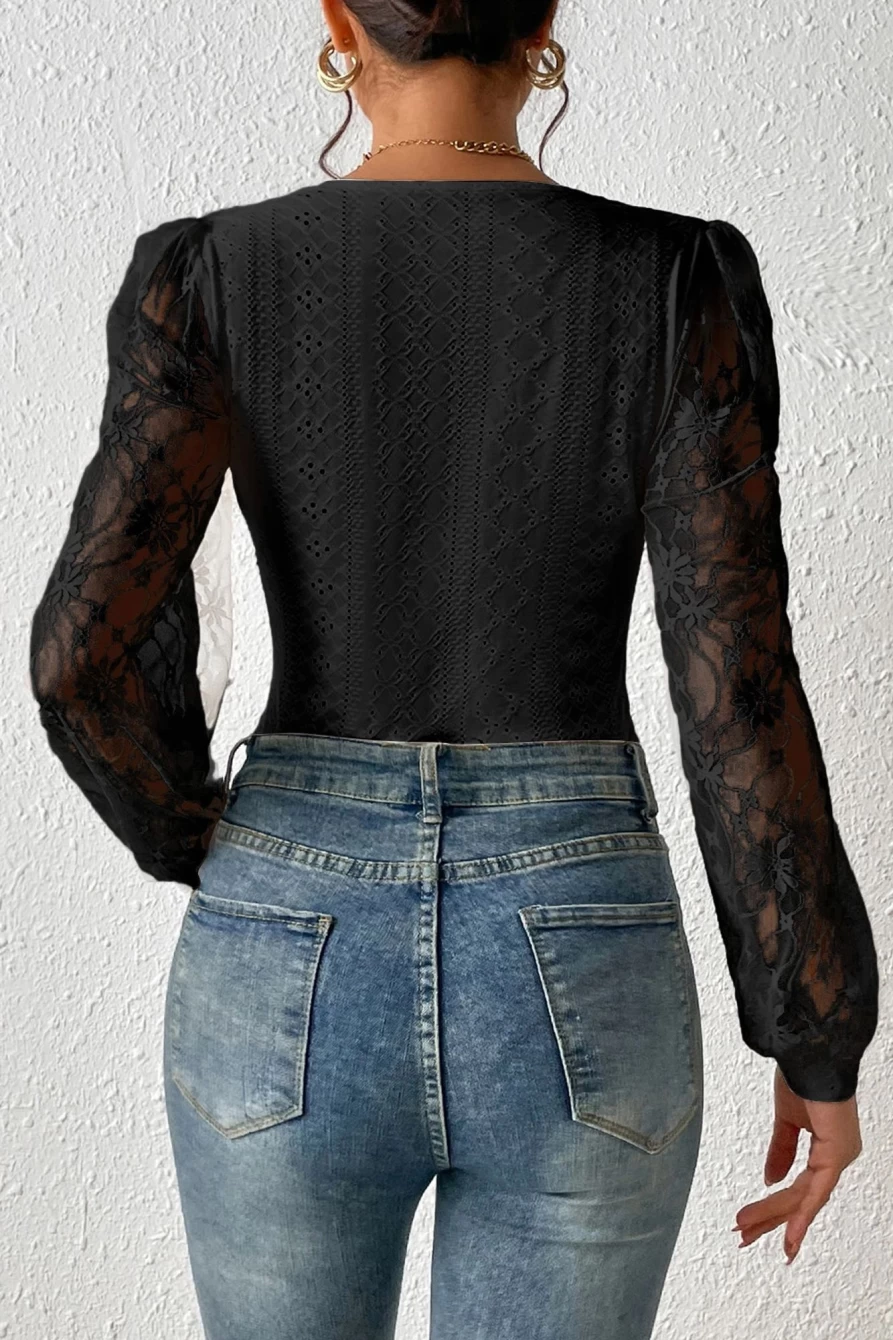 Shewin Women's Black Eyelet Contrast Lace Bishop Sleeve Bodysuit
