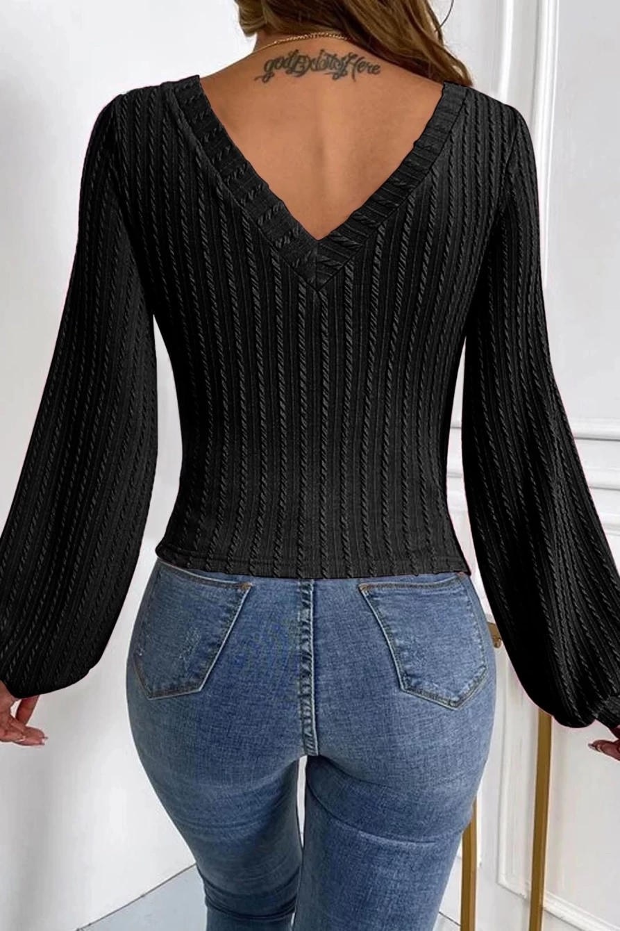 Shewin Women's Black Knitted Jacquard V-Neck Lantern Sleeve Top