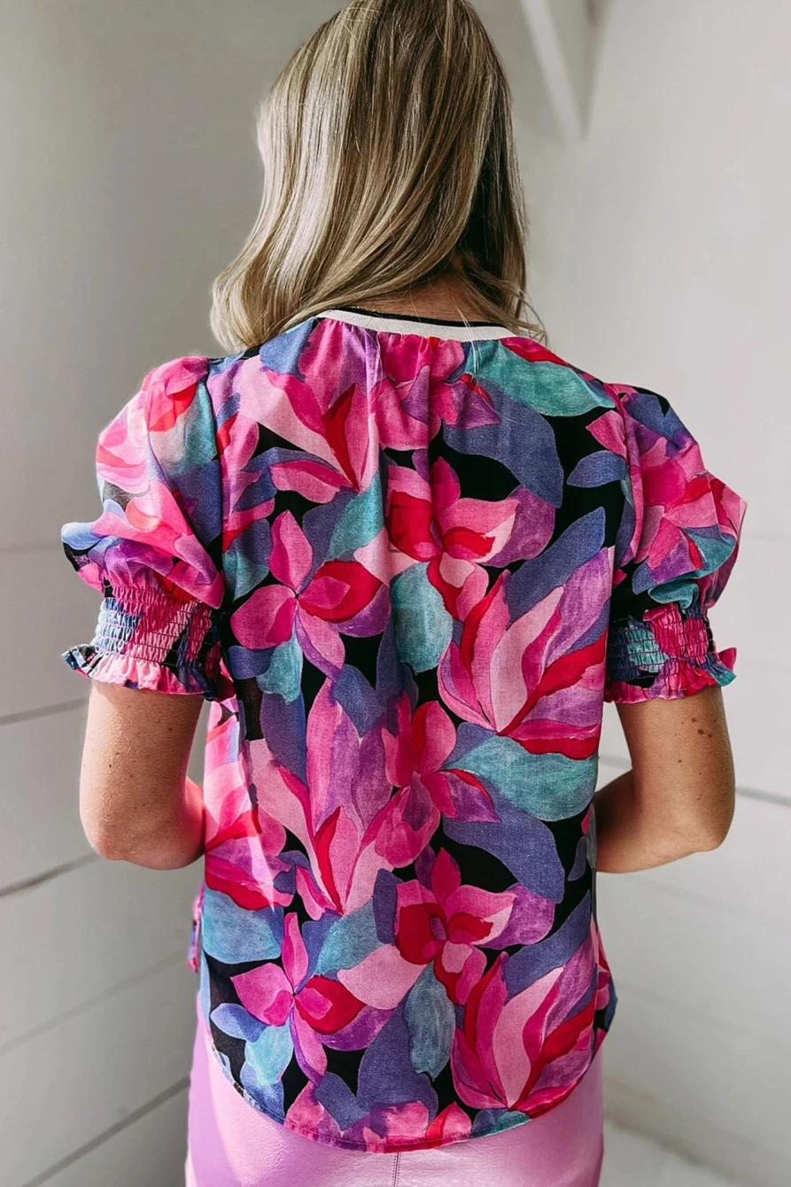 Shewin Women's Red Floral Print Puff Sleeve Crew Neck Blouse