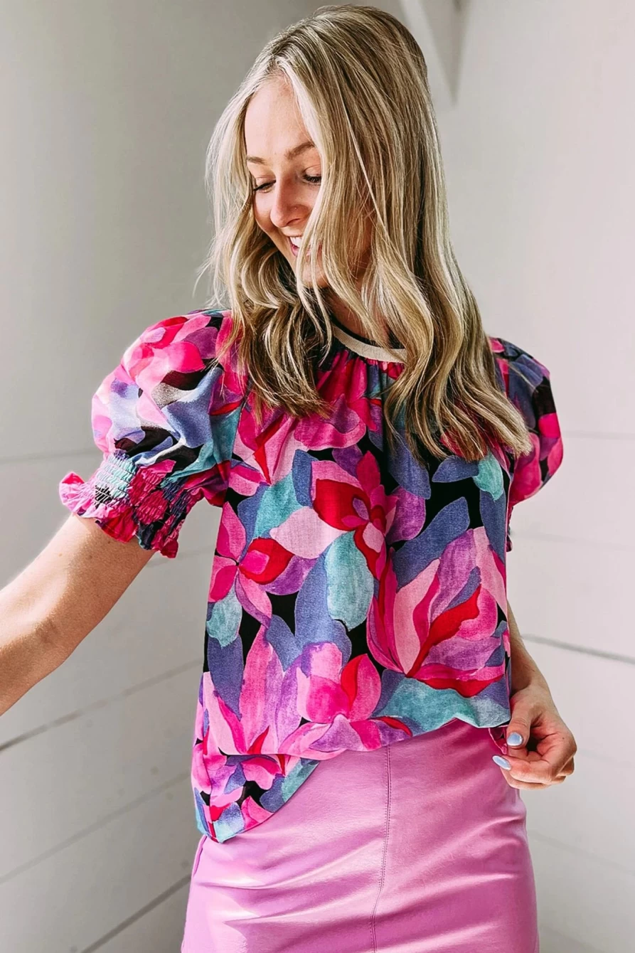Shewin Women's Red Floral Print Puff Sleeve Crew Neck Blouse