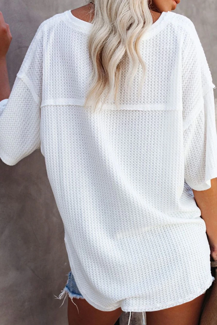 Shewin Women's White Waffle Knit Drop Shoulder Loose Top Casual Sweater
