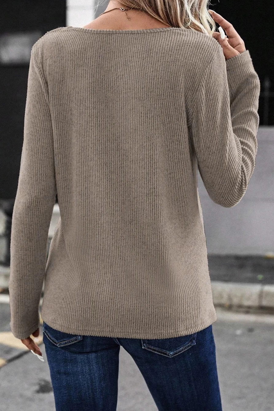 Shewin Women's Pale Khaki Buttoned V-Neck Ribbed Knit Top