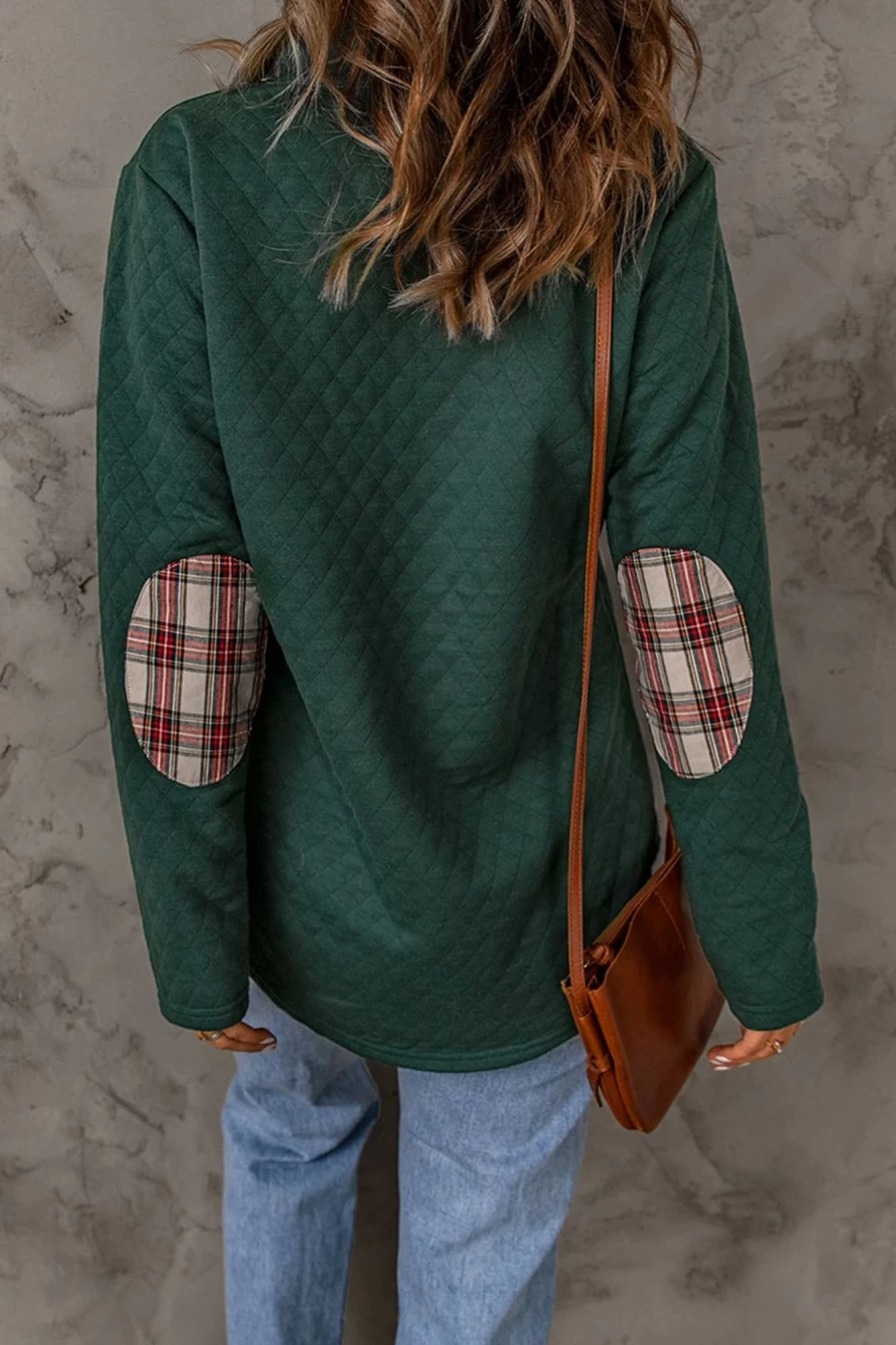 Shewin Women's Green Plaid Geometric Quilted Sweatshirt with Trim Buttons