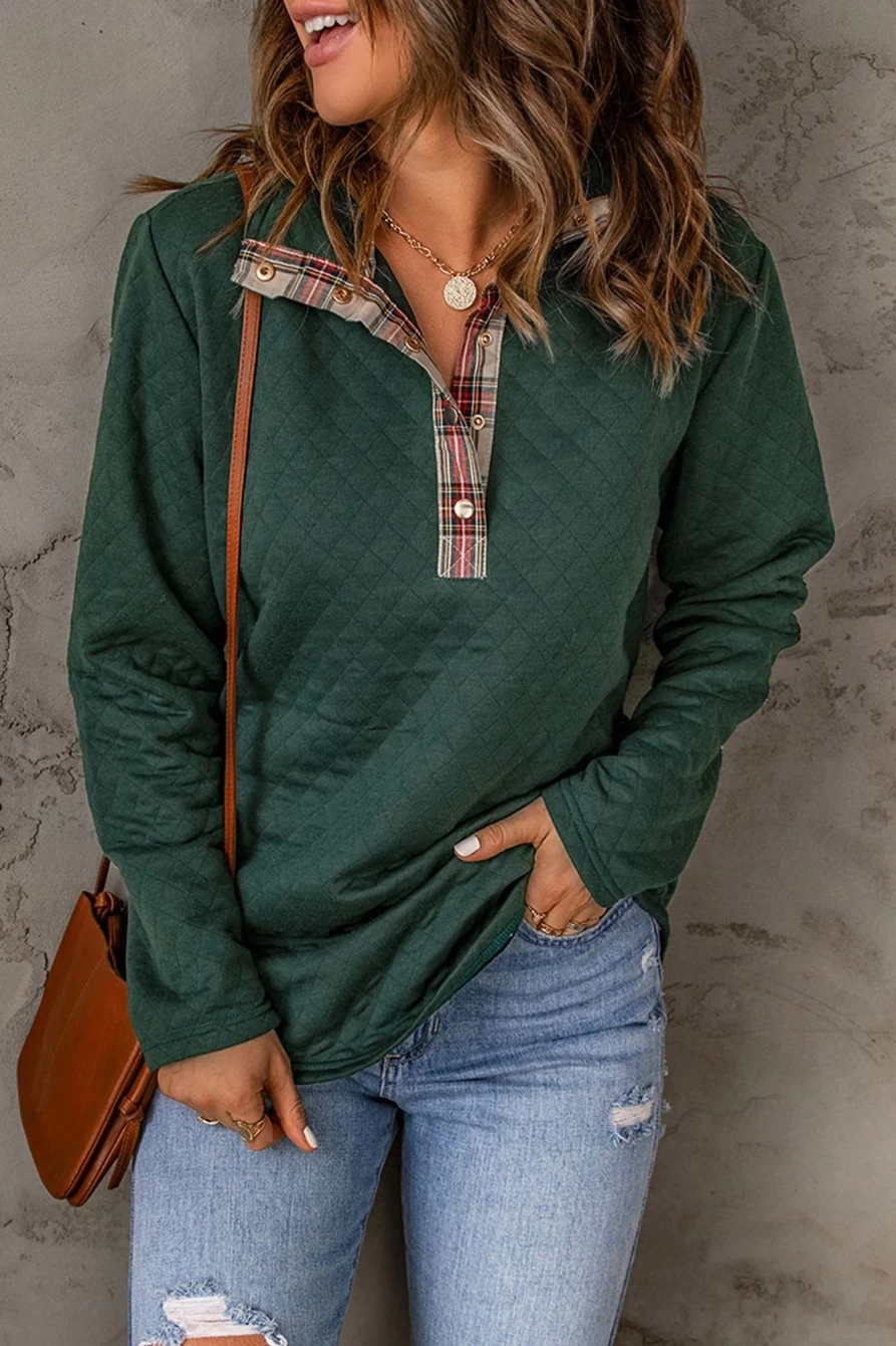 Shewin Women's Green Plaid Geometric Quilted Sweatshirt with Trim Buttons
