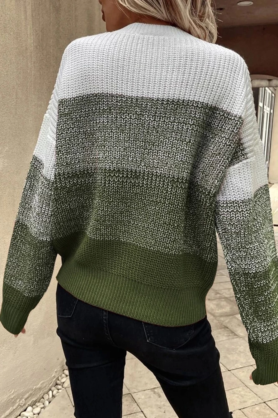 Shewin Women's Pickle Green Color Block Drop Shoulder Ribbed Trim Sweater