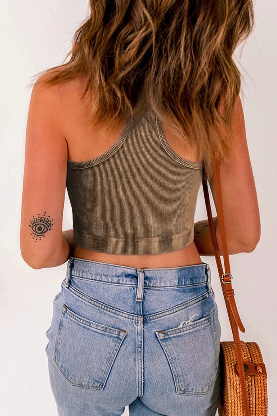 Shewin Women's Ribbed Mineral Wash Cropped Tank Top in Smoke Gray - Racerback Style
