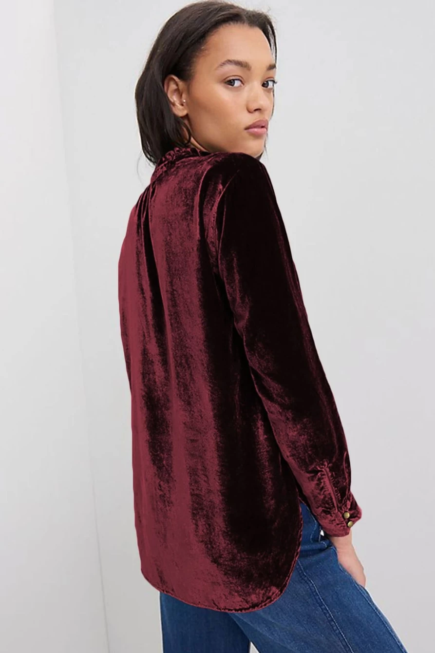 Shewin Women's Biking Red Velvet Blouse with Frilled Buttons & V-Neck