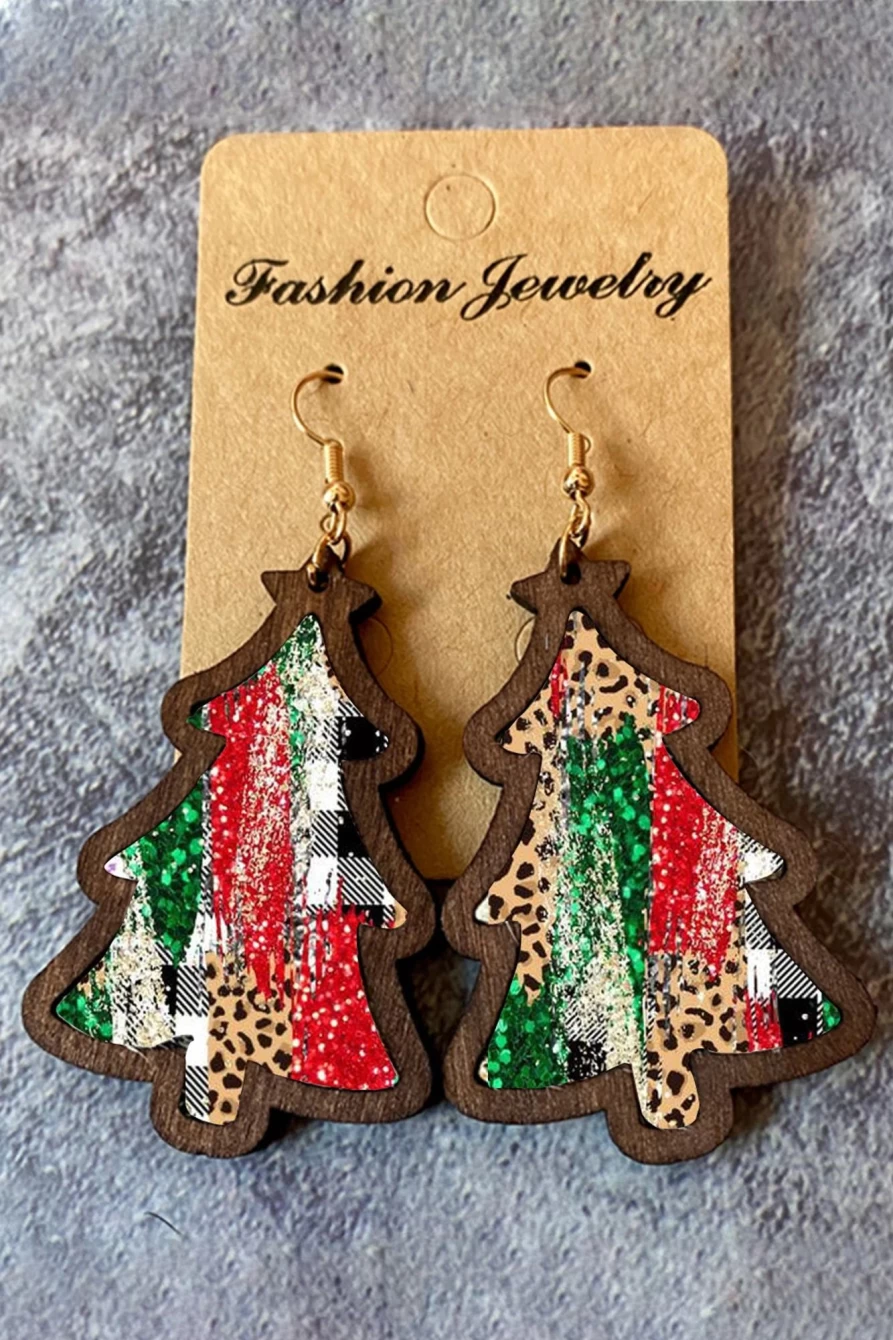 Shewin Red Leopard & Plaid Christmas Tree Hook Earrings for Women Holiday Party Dangle Jewelry