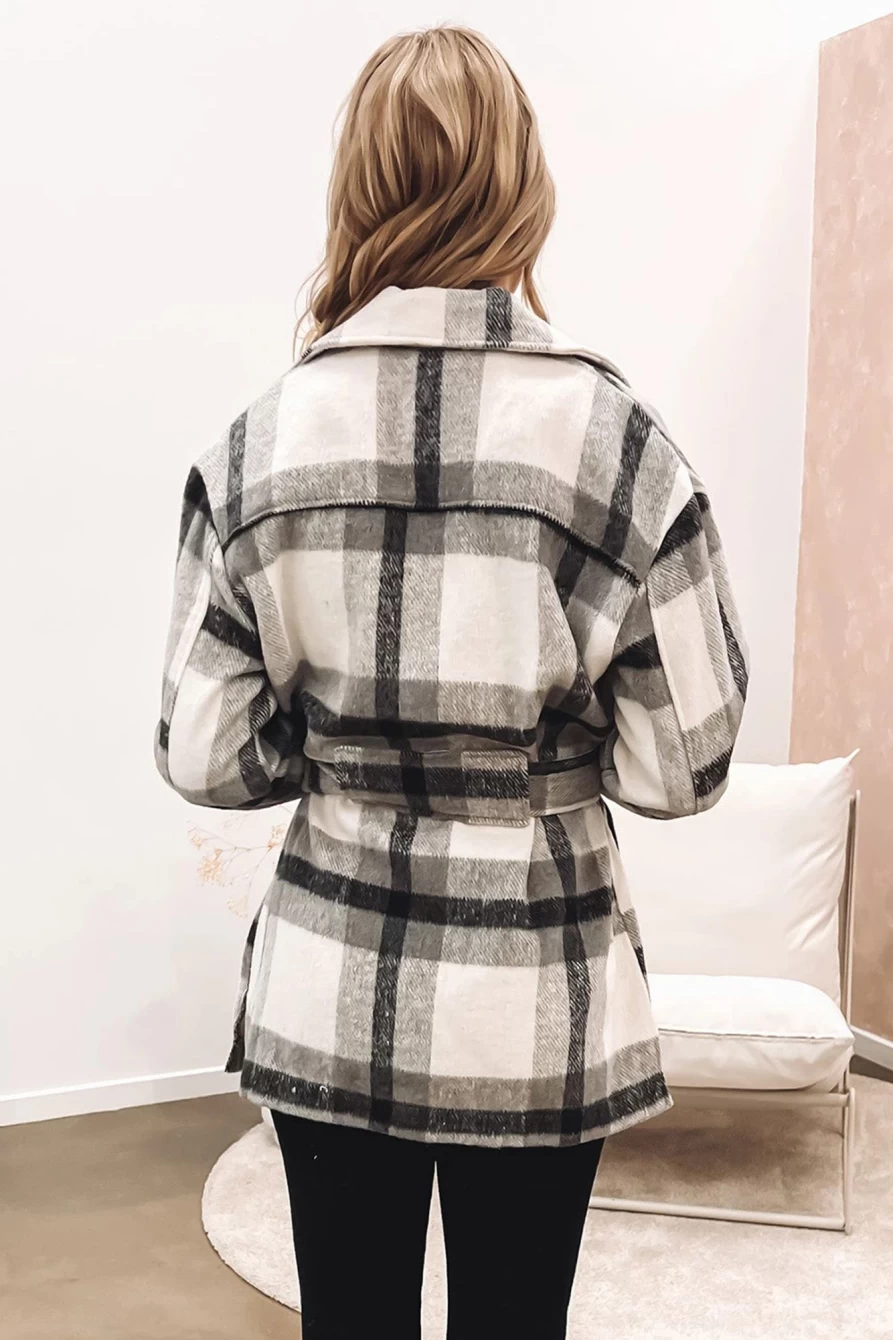 Shewin Women's Black Plaid Belted Jacket with Button-Up Front & Flap Pockets
