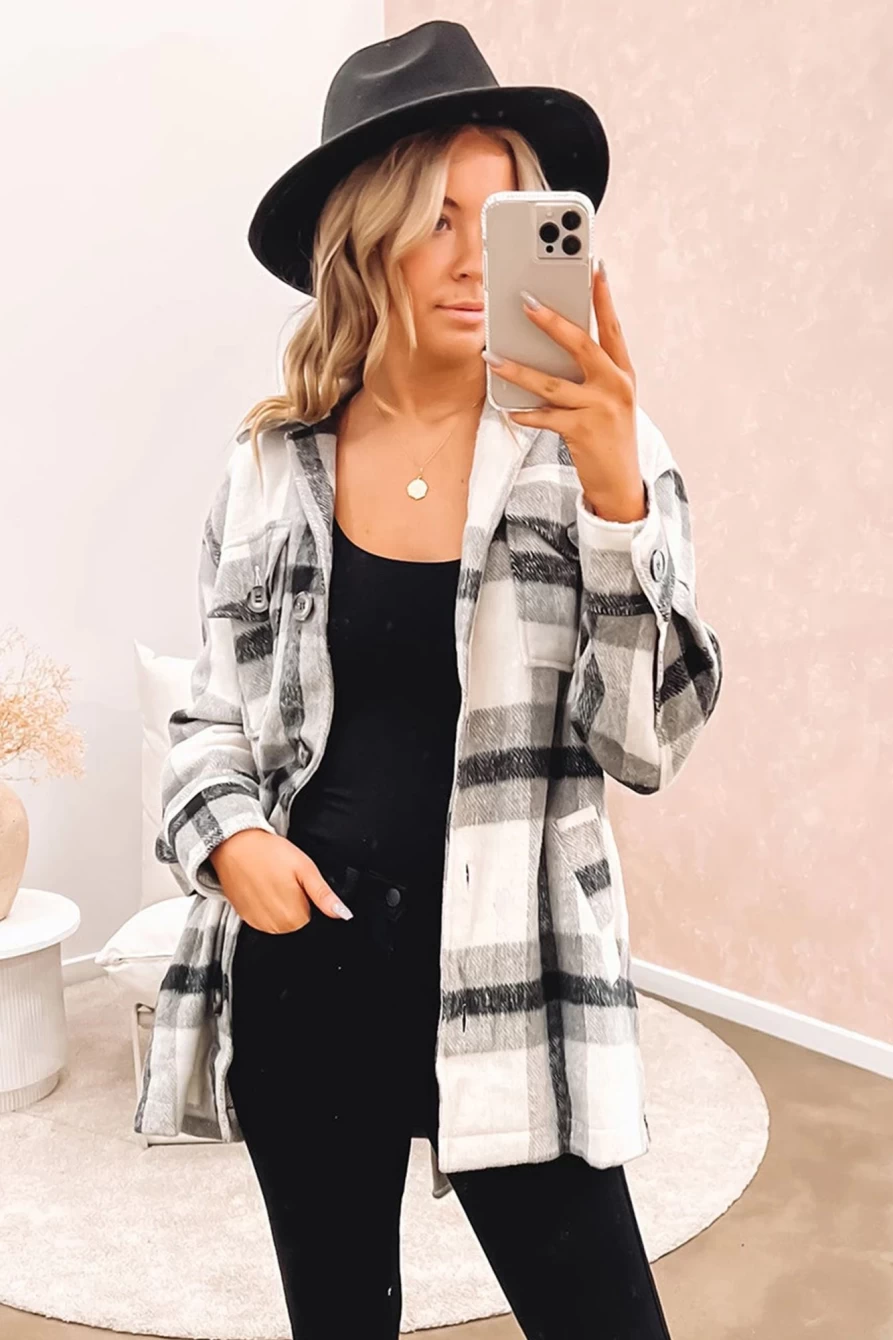 Shewin Women's Black Plaid Belted Jacket with Button-Up Front & Flap Pockets