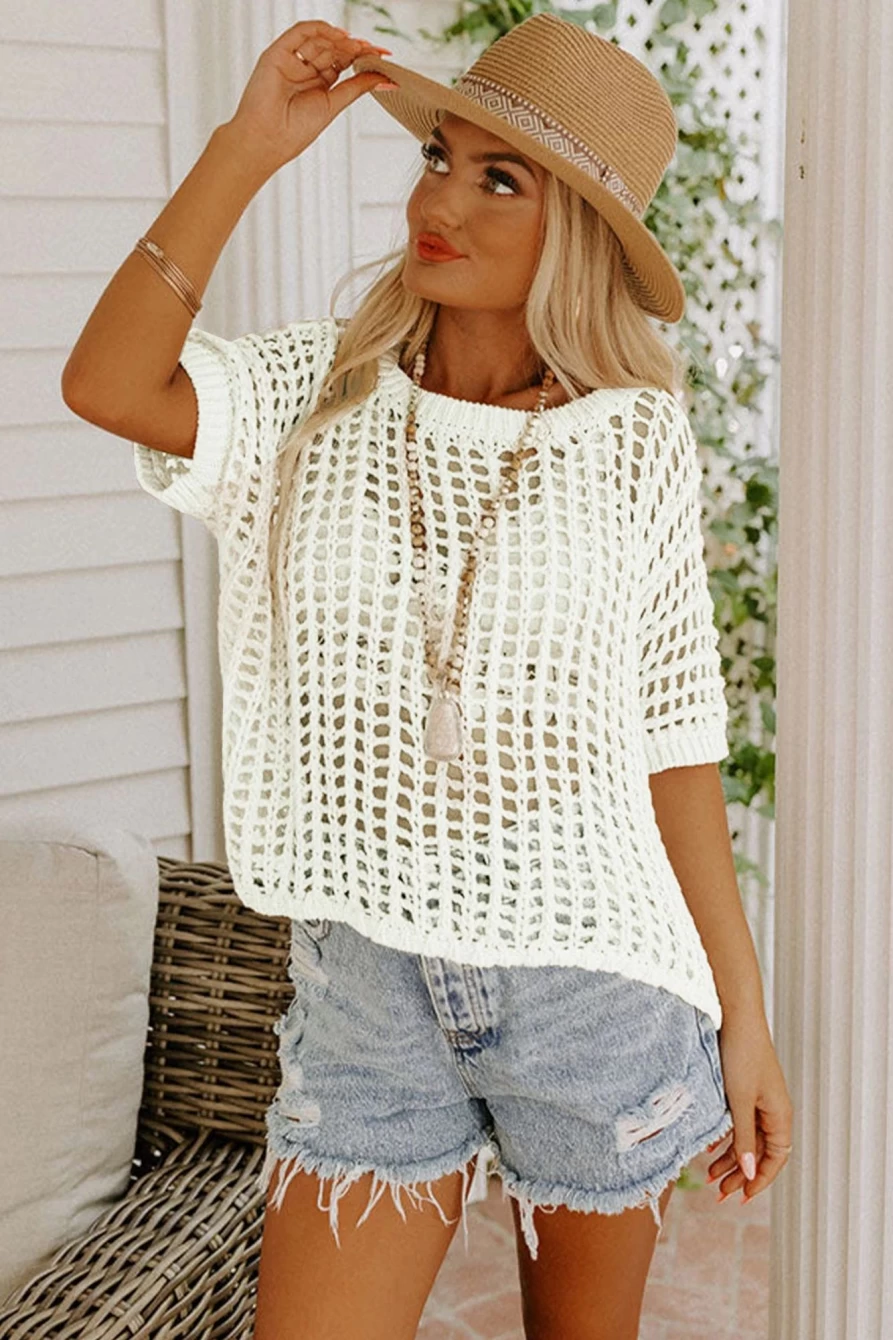 Shewin Women's White Fishnet Knit Ribbed Tee - Short Sleeve Round Neck Top