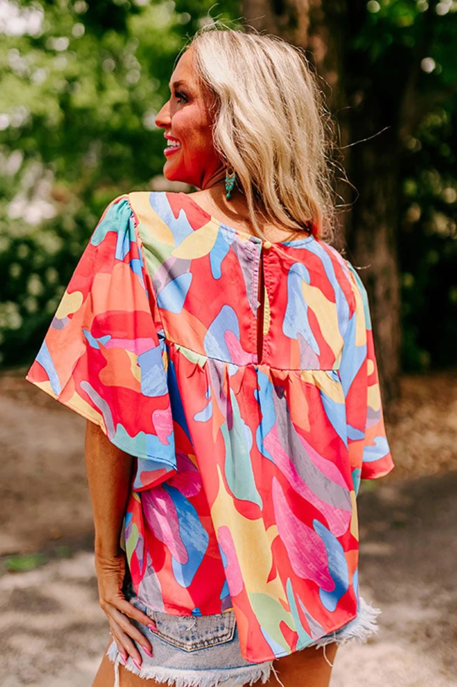 "Shewin Women's Multicolour Abstract Print Flounce Sleeve Blouse"