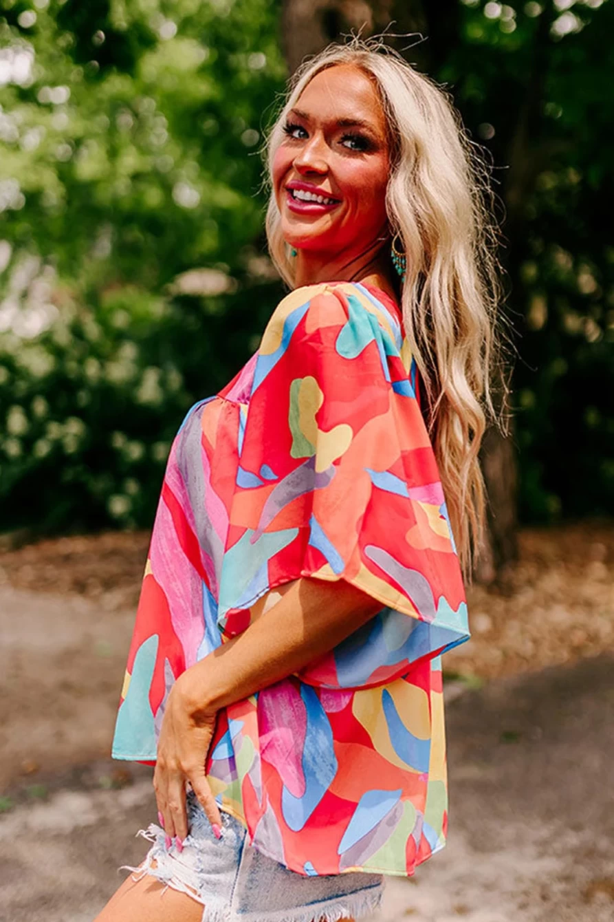"Shewin Women's Multicolour Abstract Print Flounce Sleeve Blouse"