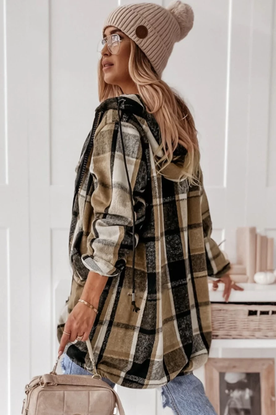 Shewin Women's Brown Checkered Hooded Shacket with Drawstring & Zip Up