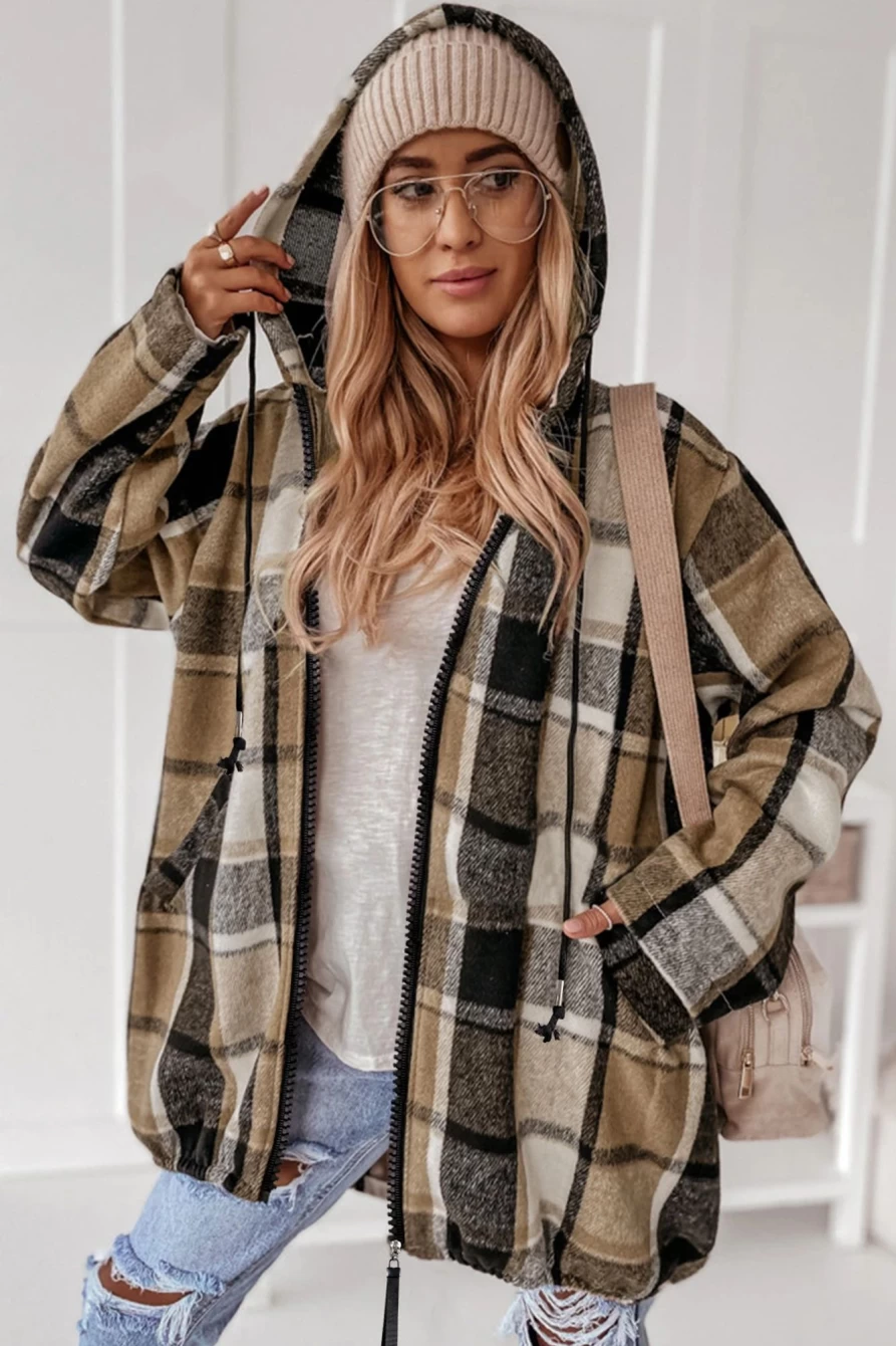 Shewin Women's Brown Checkered Hooded Shacket with Drawstring & Zip Up