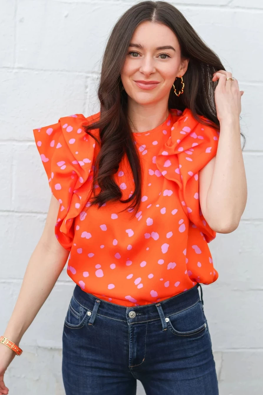 "SheWin Women's Orange Spotted Print Ruffle Blouse - Short Sleeve Casual Top"