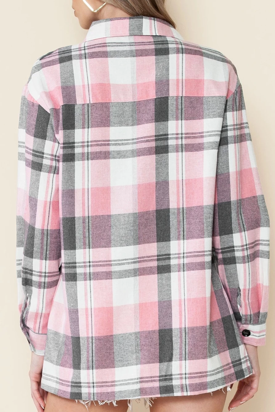 Women's Pink Long Sleeve Collared Flannel Shacket by Shewin - Button Up Plaid Shirt Jacket