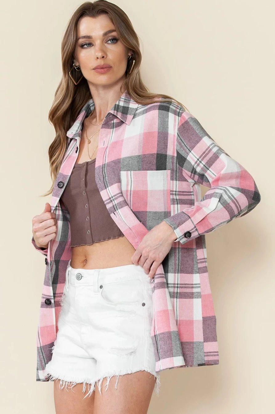 Women's Pink Long Sleeve Collared Flannel Shacket by Shewin - Button Up Plaid Shirt Jacket