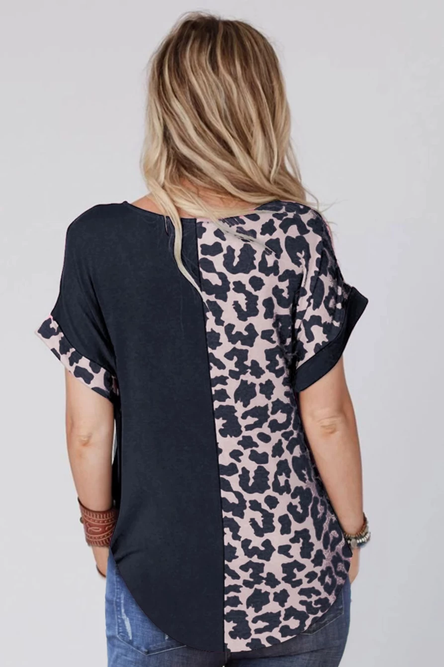 Shewin Women's Black Leopard Print Casual T-Shirt with Color Block and Rolled Sleeves
