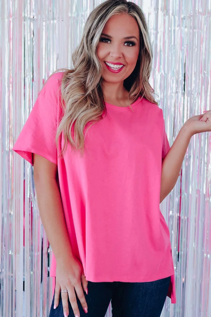 "SheWin Women's Rose Red Sequined Fringe Wing High-Low Hem T-Shirt"