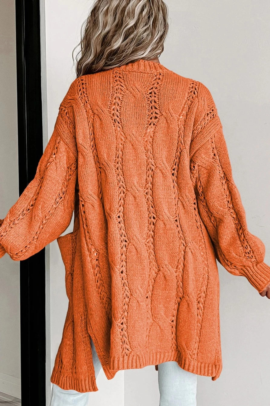 Women's Red Ribbed Trim Hollow Knit Cardigan with Side Slits - SHEWIN