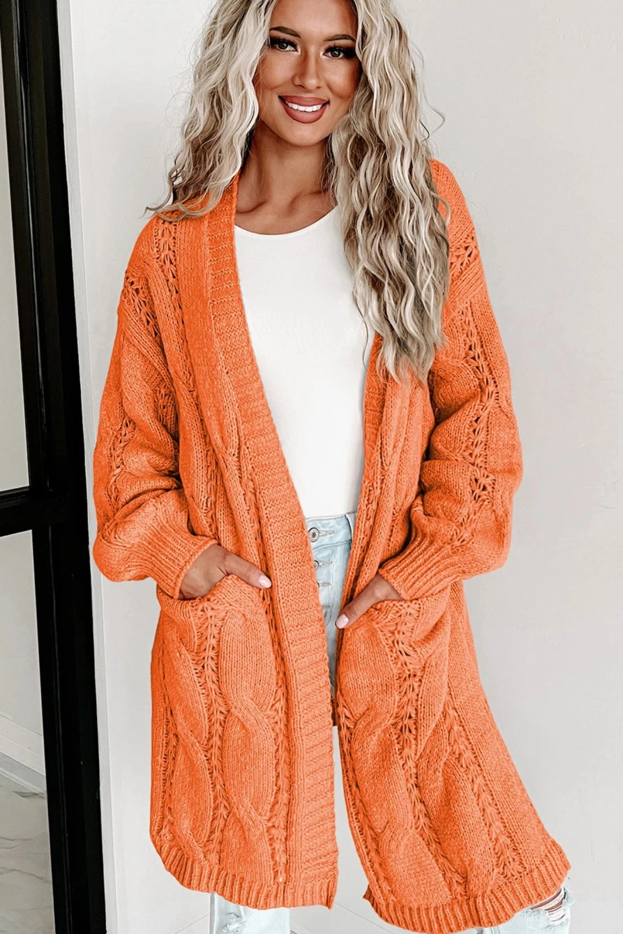 Women's Red Ribbed Trim Hollow Knit Cardigan with Side Slits - SHEWIN