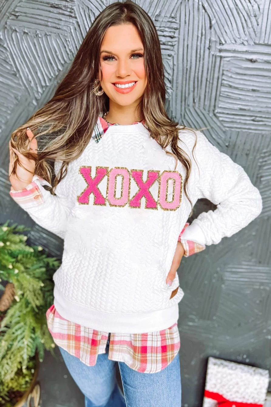 Shewin Women's White Quilted Sweatshirt with XOXO Chenille Letter Patch Detail