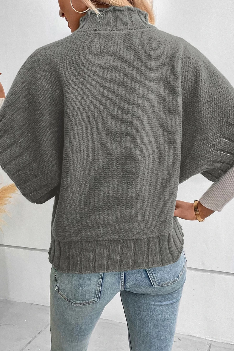 Shewin Women's Medium Grey Mock Neck Batwing Sleeve Knit Sweater