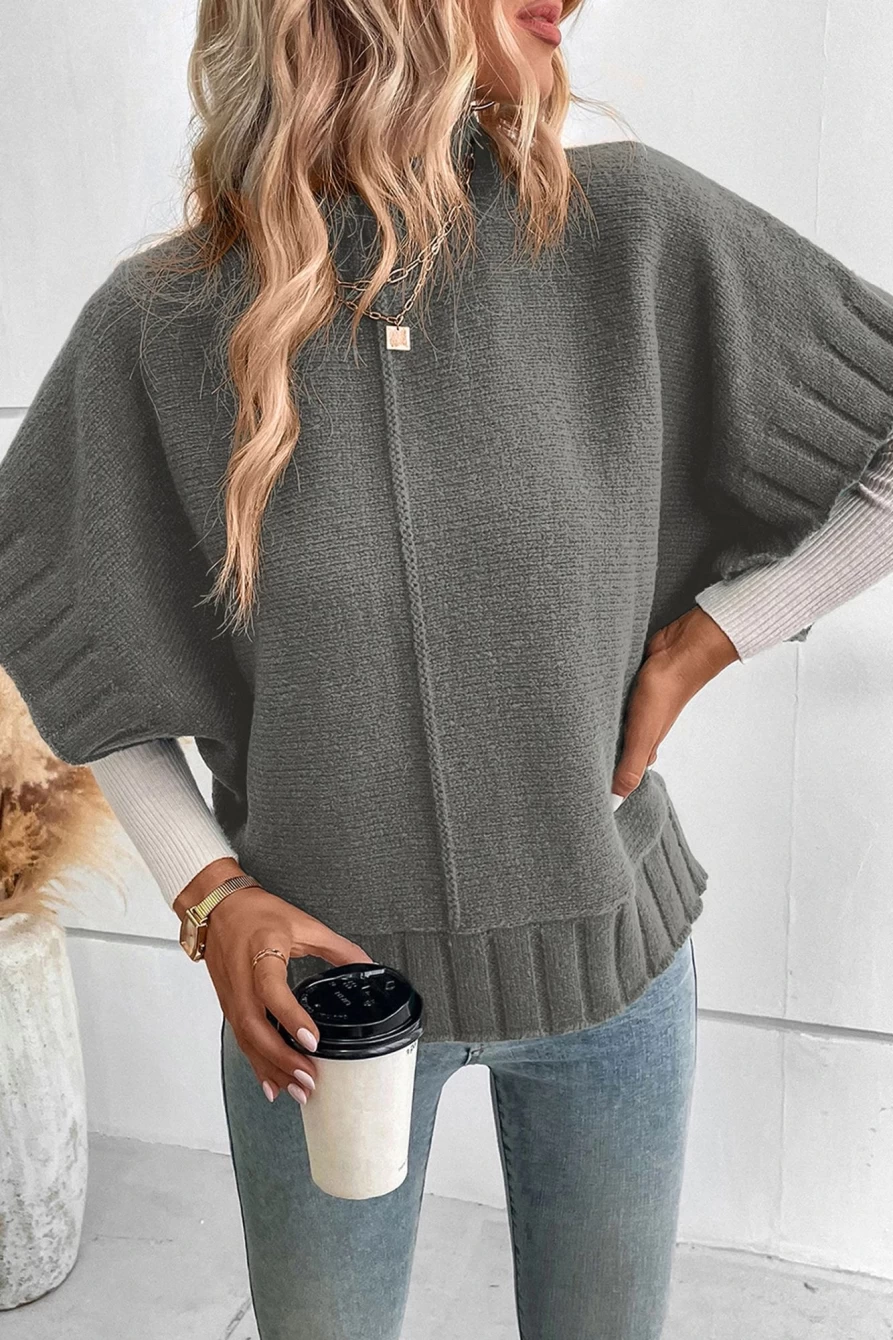 Shewin Women's Medium Grey Mock Neck Batwing Sleeve Knit Sweater