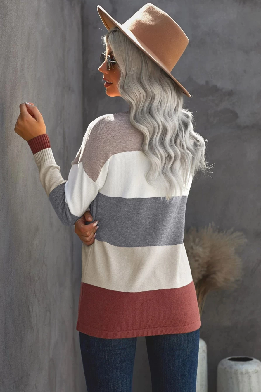 Women's Purple Colorblock Knit Sweater with Pockets - Shewin Casual Pullover